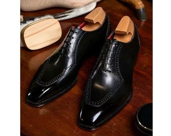 Zapatos de cuero con punta de ala negra para hombres hechos a mano, zapatos con cordones para hombres, zapatos para hombres