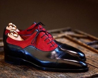 Bespoke Men Handmade Black Leather Red Suede Oxford Fashion Formal Office Shoes