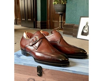 Handmade men full grain leather monk strap shoes, brown leather dress shoes