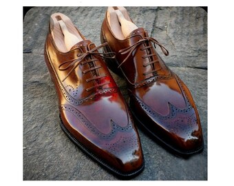 Handmade Mens Brown Leather Lace Up Wingtip Brogue Oxford Shoes.