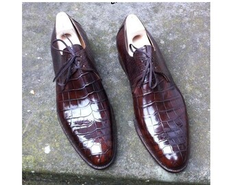 Bespoke Men's Brown alligator Leather oxford Shoes, Formal Crocodile Texture Leather lace up Shoe