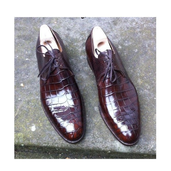 Bespoke Men's Brown alligator Leather oxford Shoes, Formal Crocodile Texture Leather lace up Shoe