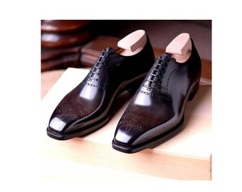 Handmade Men's Dark Brown Brogue Leather Chiseled Toe Lace Up Oxford Dress Shoes