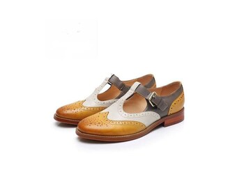 Handmade Men's Genuine Brown & White Leather Single Monk Wingtip Brogue Shoes