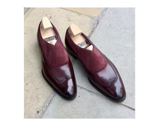 Genuine Handmade Leather Two Tone Burgundy Loafer Formal Moccasin Shoes For Men