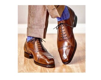 Chaussures habillées à lacets riches en cuir de veau marron pour hommes faites main pour homme