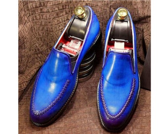 Mens Handmade Blue Leather Loafers Slips On Western Wear Shoes