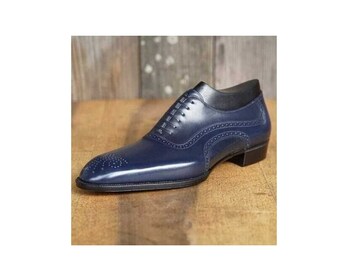 Men,s Handmade New Blue leather Oxford Dress Lace Up Chiseled Toe Formal Shoes