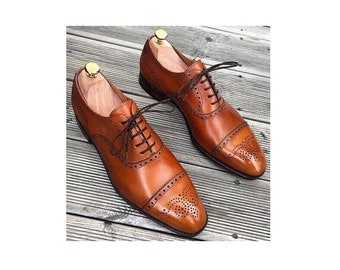 Men Handmade Brown Leather Oxford Toe Cap Brogue Formal Dress Shoes For Men