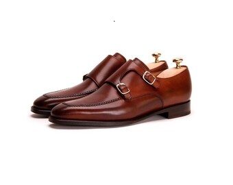 Men's Handmade Double Monk Strap Leather Shoes Brown Buckle Formal Boots