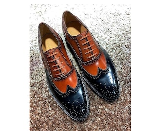 Men's Handmade Two Toned Leather Oxford Lace-up Wingtip Brogue Dress Shoes