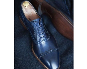 Handcrafted Men's Dark Blue Leather Oxford Cap Toe Lace Up Dress Formal Shoe Men