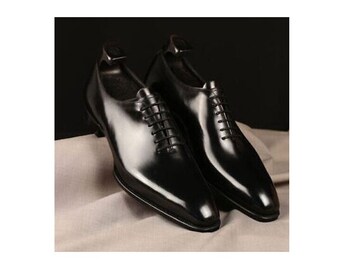 Pure Handmade Men's Genuine Black Leather Oxford Whole cut Lace up Dress Shoes