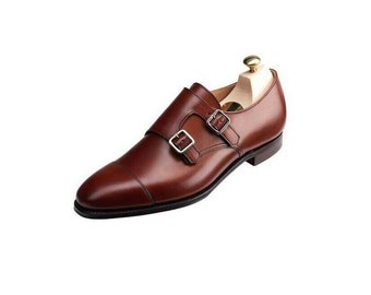 Bespoke Men Handmade Genuine Brown Leather Double Buckle Straps Cap Toe Shoes
