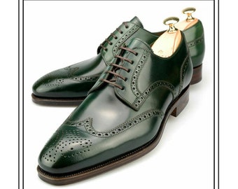 Handmade Men Green Wingtip brogue formal shoes, Men brogue dress shoes Men shoes