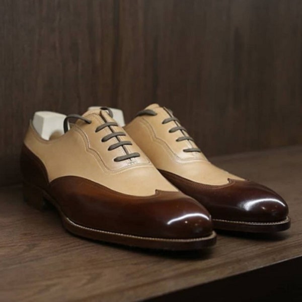 Handmade men tan & brown shoe wingtip dress shoe oxford leather shoe