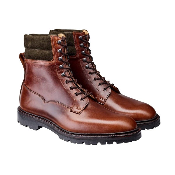 Bottines derby à lacets en cuir marron fabriquées à la main pour hommes, bottes habillées élégantes pour hommes, bottes western