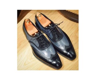 Handmade Men Two Tone Wing Tip Formal Shoes, Men brogue Leather Dress Shoes