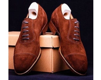 Handcrafted Bespoke Men's Genuine Brown Suede Oxford Toe cap Lace up Dress Shoes