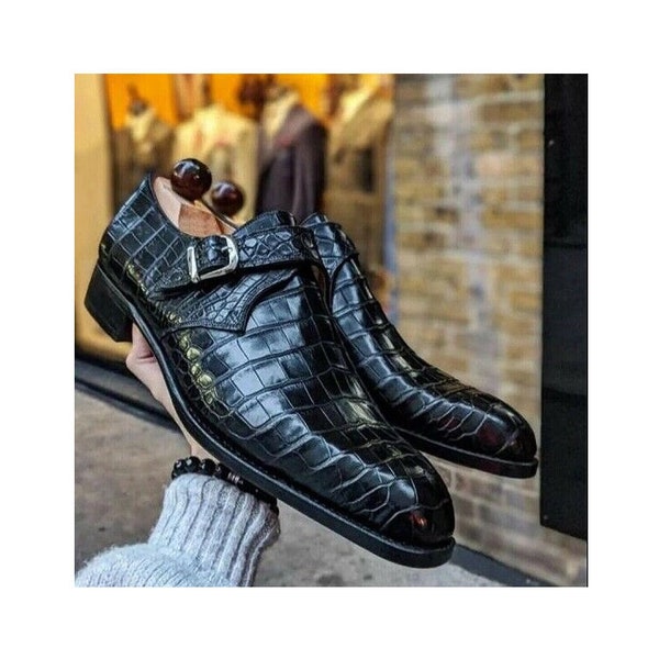 Handmade Black Alligator Crocodile Men Leather Single Monk Strap Dress Shoes