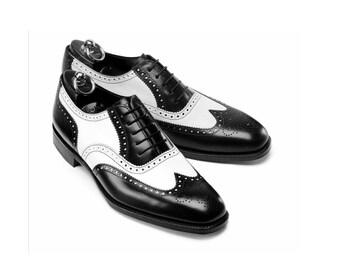 Handmade Men's Tuxedo shoes, Mens black and white Wingtip brogue leather shoes