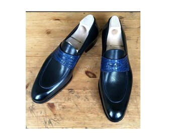 Genuine Leather handmade black slip on loafers men's leather formal dress shoes