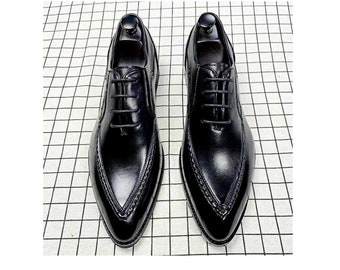 Chaussures habillées décontractées formelles oxford à lacets faites main en cuir noir pour hommes