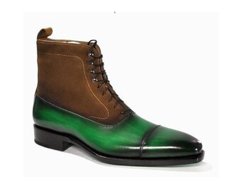 Men Brown Green Black Tone Leather High Ankle Lace Up Boot