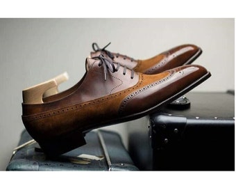 New Handmade Two Tone Brown Leather & Brown Suede Wingtip Lace Up Oxford Shoes