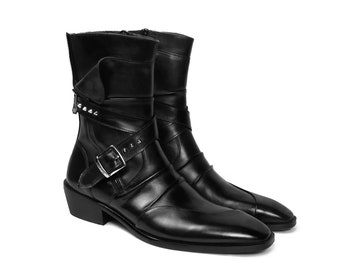 Handmade Pure Black Leather Zipper Cowboy Stylish Boots, Men Stylish Westen Style Boots, Studded Black Strap Boots