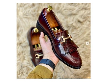 Handmade Men Burgundy Leather Bit Loafer Shoes with fringes, Casual Loafer Shoes