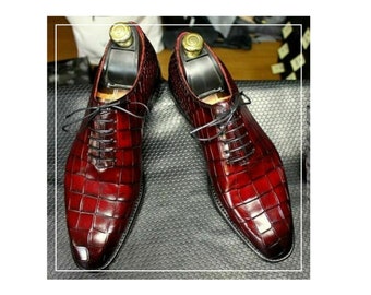 Men Handmade Shoes Burgundy Leather Crocodile Patterned Lace up Formal Boot New