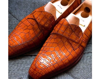 Handmade Men's Shoes Crocodile Texture Leather Slip On Formal Casual Loafers men