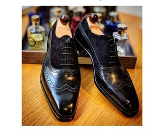 Handmade Black Leather, Suede Wingtip dress shoes, Men's Oxford Formal Shoes