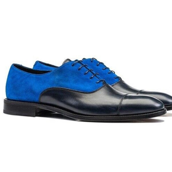 Oxford Blue Suede Black Genuine Leather Derby Cap Toe Handmade Lace Up Shoes