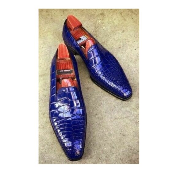 Handmade men blue crocodile shoes, men leather moccasin shoe, formal shoes mens