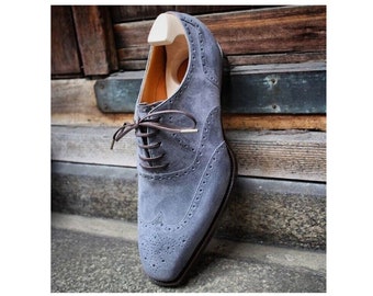 Decent Wear Men's Hand Stitch Grey Oxfords Wingtip Lace Up Genuine Suede Shoes