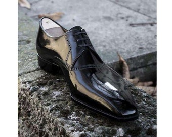 Men's Handmade Black Patent Leather Oxford Brogue Lace Up Derby Dress Shoes