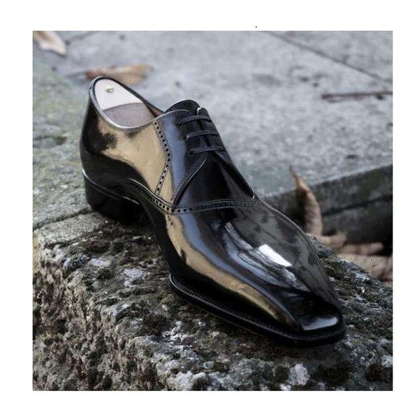 Men's Handmade Black Patent Leather Oxford Brogue Lace Up Derby Dress Shoes