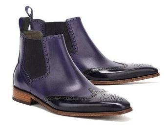 Handmade Men's Purple Ankle Wing Tip Chelsea Leather Boot For Men's