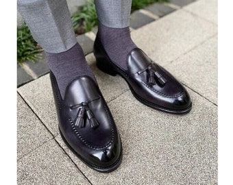 Best Handmade Black Leather Tassel Loafers Dress Shoes Custom Made Shoes For Men