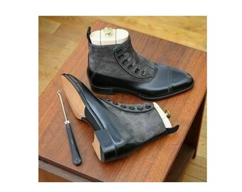 NEW Men's Handmade Formal Men Button boot Men Ankle Cap Toe Leather Boot Black