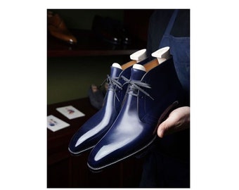 Handmade Genuine Blue Leather High Ankle Oxford Lace up Formal Dress Boots