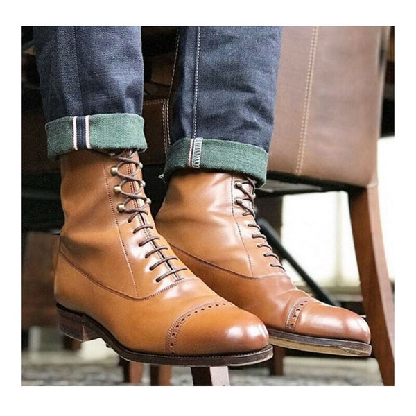 Handmade Men's Tan Leather Ankle Boots, Men Dress Formal Lace Up Casual Boots