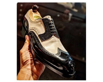 Handmade Brogue Pure Leather Oxford Shoes For Men Lace up Shoes Black Off-white