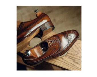 Handmade Men's Brown Brogue Cowhide Leather Wingtip Oxford Lace Up Dress Shoes