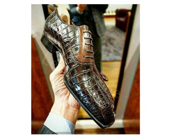 Handmade Men's Crocodile Embossed Calfskin Leather Oxford Dress Shoes Bespoke