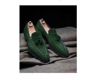 Handmade men green suede shoes, dress moccasin shoes, men leather formal shoes