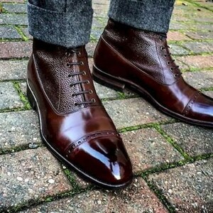 Handmade Cap toe dark brown leather ankle high boots, Men's brown dress boot image 1