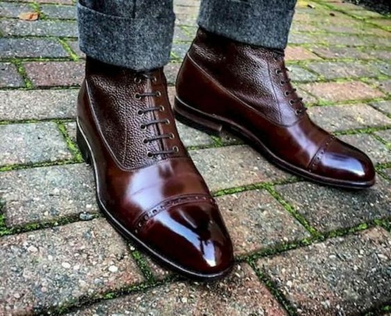 Handmade Cap toe dark brown leather ankle high boots, Men's brown dress boot image 1